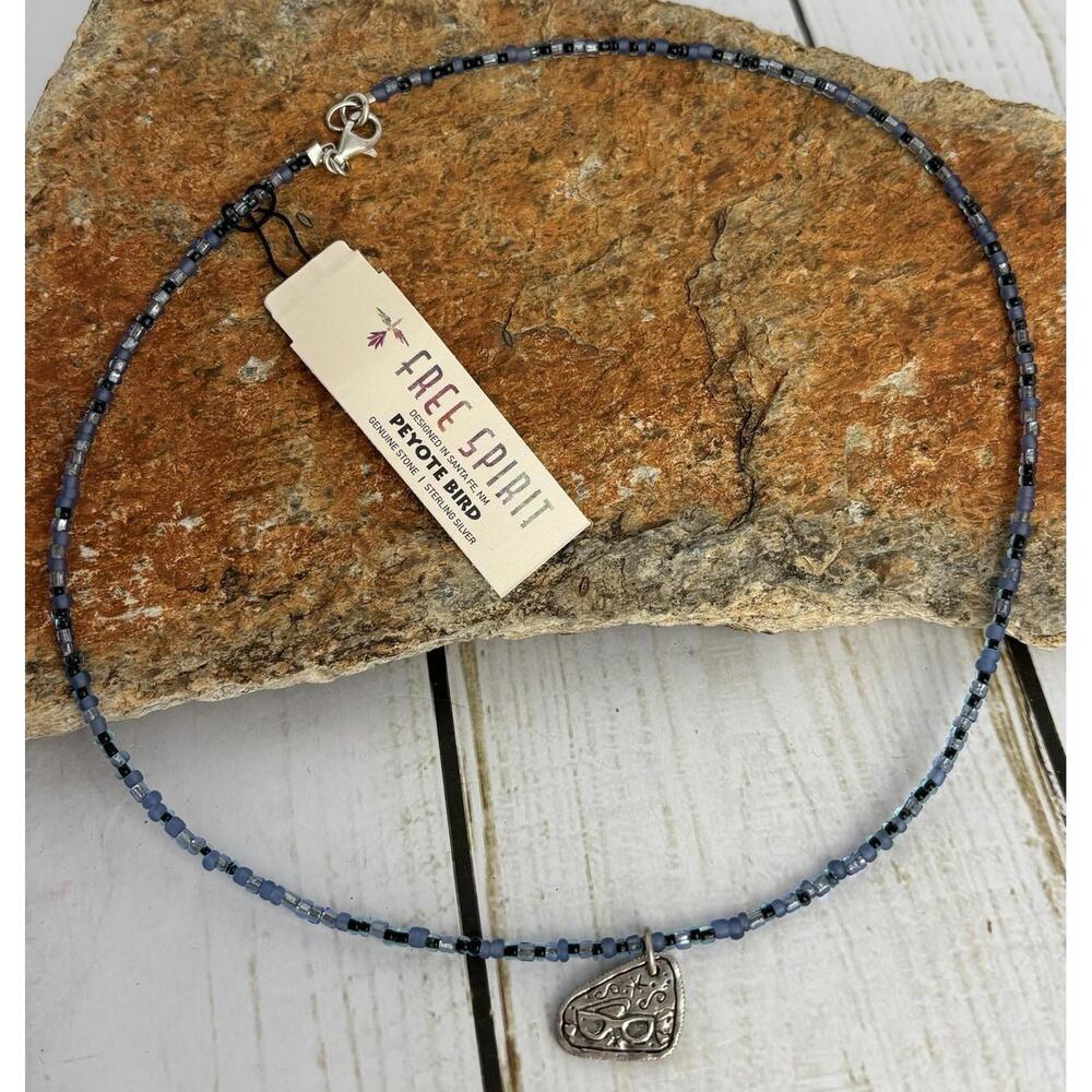 Peyote Bird Free Spirit Beaded Necklace Sterling Cool Shades Charm Blue J159